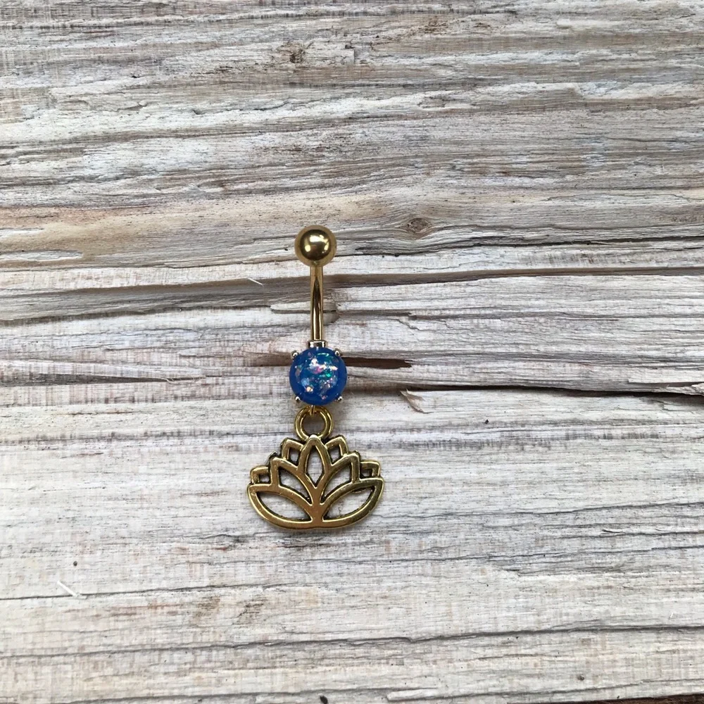 Blue Opal Gold Lotus Belly‎ Button Ring
